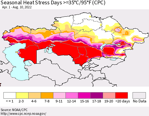 Kazakhstan Seasonal Heat Stress Days >=35°C/95°F (CPC) Thematic Map For 4/1/2022 - 8/10/2022