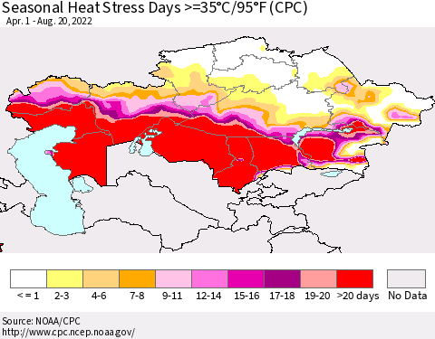 Kazakhstan Seasonal Heat Stress Days >=35°C/95°F (CPC) Thematic Map For 4/1/2022 - 8/20/2022