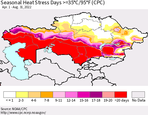Kazakhstan Seasonal Heat Stress Days >=35°C/95°F (CPC) Thematic Map For 4/1/2022 - 8/31/2022