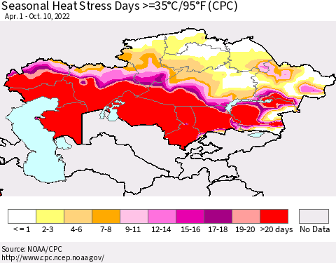 Kazakhstan Seasonal Heat Stress Days >=35°C/95°F (CPC) Thematic Map For 4/1/2022 - 10/10/2022