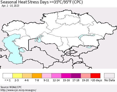 Kazakhstan Seasonal Heat Stress Days >=35°C/95°F (CPC) Thematic Map For 4/1/2023 - 4/10/2023