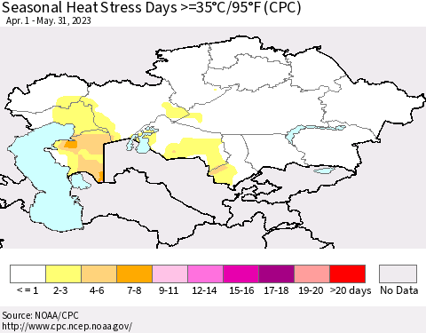 Kazakhstan Seasonal Heat Stress Days >=35°C/95°F (CPC) Thematic Map For 4/1/2023 - 5/31/2023