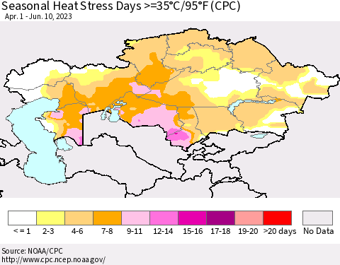 Kazakhstan Seasonal Heat Stress Days >=35°C/95°F (CPC) Thematic Map For 4/1/2023 - 6/10/2023