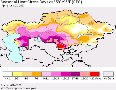 Kazakhstan Seasonal Heat Stress Days >=35°C/95°F (CPC) Thematic Map For 4/1/2023 - 6/20/2023