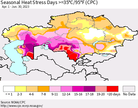 Kazakhstan Seasonal Heat Stress Days >=35°C/95°F (CPC) Thematic Map For 4/1/2023 - 6/30/2023