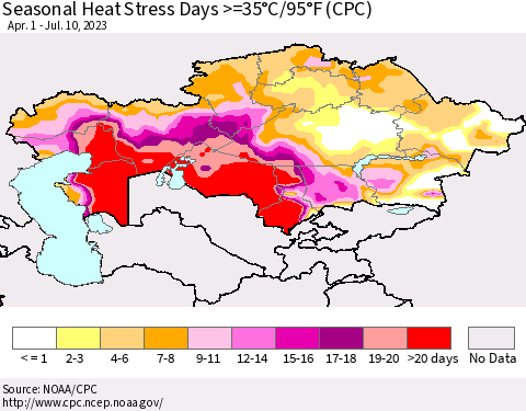 Kazakhstan Seasonal Heat Stress Days >=35°C/95°F (CPC) Thematic Map For 4/1/2023 - 7/10/2023