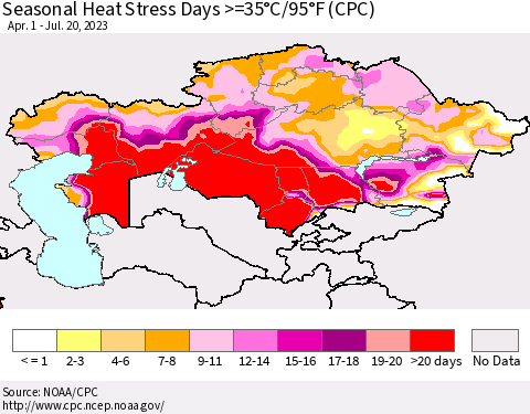 Kazakhstan Seasonal Heat Stress Days >=35°C/95°F (CPC) Thematic Map For 4/1/2023 - 7/20/2023
