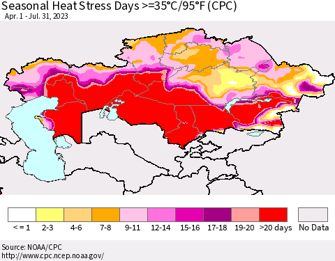 Kazakhstan Seasonal Heat Stress Days >=35°C/95°F (CPC) Thematic Map For 4/1/2023 - 7/31/2023