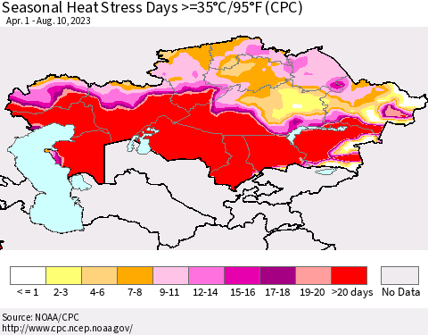 Kazakhstan Seasonal Heat Stress Days >=35°C/95°F (CPC) Thematic Map For 4/1/2023 - 8/10/2023