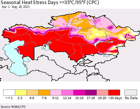 Kazakhstan Seasonal Heat Stress Days >=35°C/95°F (CPC) Thematic Map For 4/1/2023 - 8/20/2023