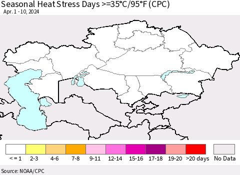 Kazakhstan Seasonal Heat Stress Days >=35°C/95°F (CPC) Thematic Map For 4/1/2024 - 4/10/2024