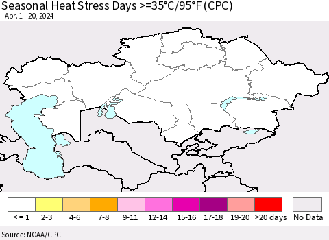 Kazakhstan Seasonal Heat Stress Days >=35°C/95°F (CPC) Thematic Map For 4/1/2024 - 4/20/2024