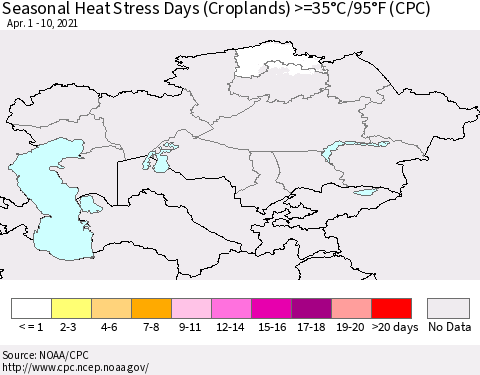 Kazakhstan Seasonal Heat Stress Days (Croplands) >=35°C/95°F (CPC) Thematic Map For 4/1/2021 - 4/10/2021