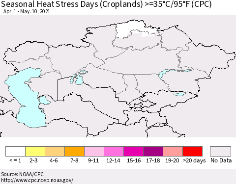 Kazakhstan Seasonal Heat Stress Days (Croplands) >=35°C/95°F (CPC) Thematic Map For 4/1/2021 - 5/10/2021