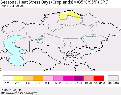 Kazakhstan Seasonal Heat Stress Days (Croplands) >=35°C/95°F (CPC) Thematic Map For 4/1/2021 - 6/20/2021
