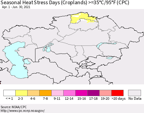 Kazakhstan Seasonal Heat Stress Days (Croplands) >=35°C/95°F (CPC) Thematic Map For 4/1/2021 - 6/30/2021