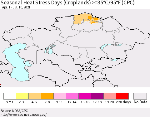 Kazakhstan Seasonal Heat Stress Days (Croplands) >=35°C/95°F (CPC) Thematic Map For 4/1/2021 - 7/10/2021