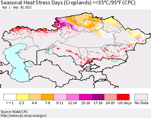Kazakhstan Seasonal Heat Stress Days (Croplands) >=35°C/95°F (CPC) Thematic Map For 4/1/2021 - 9/30/2021