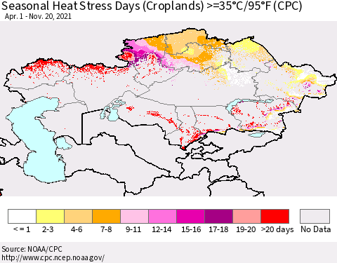 Kazakhstan Seasonal Heat Stress Days (Croplands) >=35°C/95°F (CPC) Thematic Map For 4/1/2021 - 11/20/2021