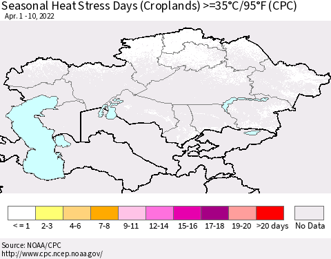 Kazakhstan Seasonal Heat Stress Days (Croplands) >=35°C/95°F (CPC) Thematic Map For 4/1/2022 - 4/10/2022