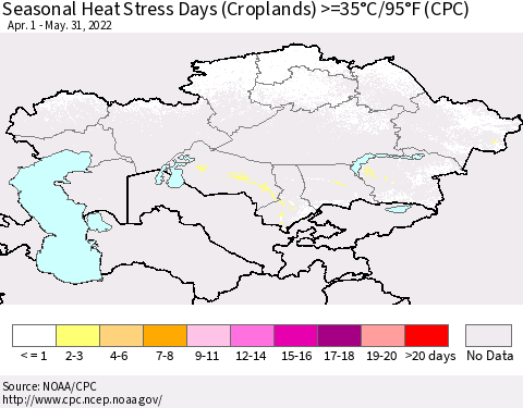 Kazakhstan Seasonal Heat Stress Days (Croplands) >=35°C/95°F (CPC) Thematic Map For 4/1/2022 - 5/31/2022