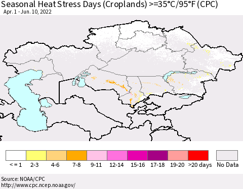 Kazakhstan Seasonal Heat Stress Days (Croplands) >=35°C/95°F (CPC) Thematic Map For 4/1/2022 - 6/10/2022