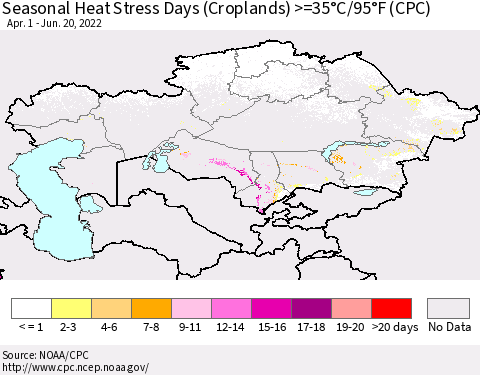 Kazakhstan Seasonal Heat Stress Days (Croplands) >=35°C/95°F (CPC) Thematic Map For 4/1/2022 - 6/20/2022
