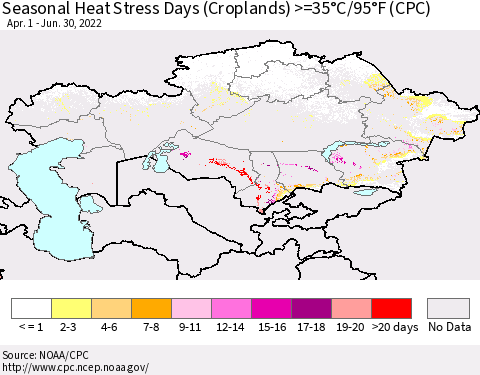 Kazakhstan Seasonal Heat Stress Days (Croplands) >=35°C/95°F (CPC) Thematic Map For 4/1/2022 - 6/30/2022