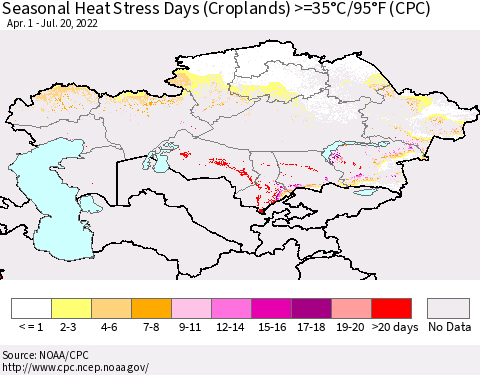 Kazakhstan Seasonal Heat Stress Days (Croplands) >=35°C/95°F (CPC) Thematic Map For 4/1/2022 - 7/20/2022