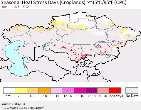 Kazakhstan Seasonal Heat Stress Days (Croplands) >=35°C/95°F (CPC) Thematic Map For 4/1/2022 - 7/31/2022
