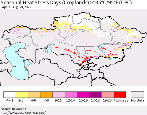 Kazakhstan Seasonal Heat Stress Days (Croplands) >=35°C/95°F (CPC) Thematic Map For 4/1/2022 - 8/20/2022