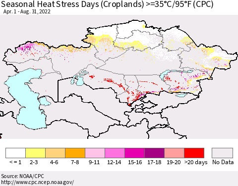 Kazakhstan Seasonal Heat Stress Days (Croplands) >=35°C/95°F (CPC) Thematic Map For 4/1/2022 - 8/31/2022