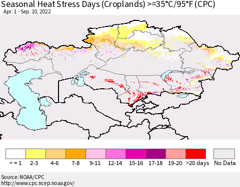 Kazakhstan Seasonal Heat Stress Days (Croplands) >=35°C/95°F (CPC) Thematic Map For 4/1/2022 - 9/10/2022