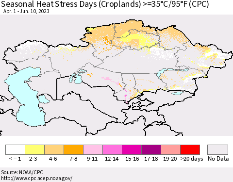 Kazakhstan Seasonal Heat Stress Days (Croplands) >=35°C/95°F (CPC) Thematic Map For 4/1/2023 - 6/10/2023