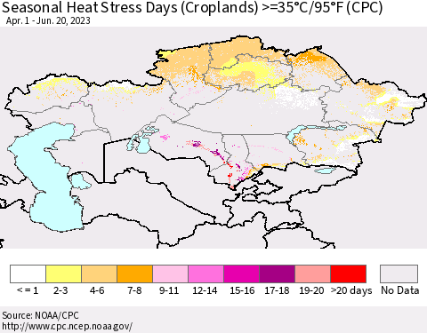Kazakhstan Seasonal Heat Stress Days (Croplands) >=35°C/95°F (CPC) Thematic Map For 4/1/2023 - 6/20/2023
