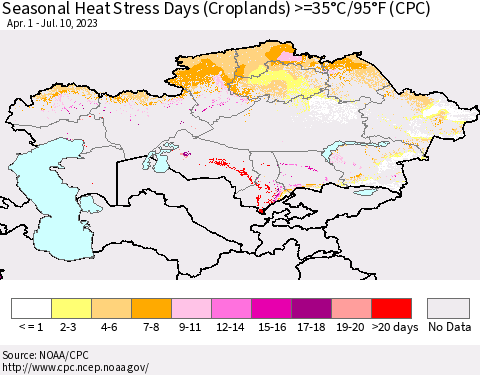 Kazakhstan Seasonal Heat Stress Days (Croplands) >=35°C/95°F (CPC) Thematic Map For 4/1/2023 - 7/10/2023