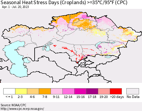 Kazakhstan Seasonal Heat Stress Days (Croplands) >=35°C/95°F (CPC) Thematic Map For 4/1/2023 - 7/20/2023