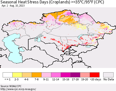 Kazakhstan Seasonal Heat Stress Days (Croplands) >=35°C/95°F (CPC) Thematic Map For 4/1/2023 - 8/10/2023