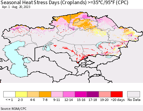 Kazakhstan Seasonal Heat Stress Days (Croplands) >=35°C/95°F (CPC) Thematic Map For 4/1/2023 - 8/20/2023