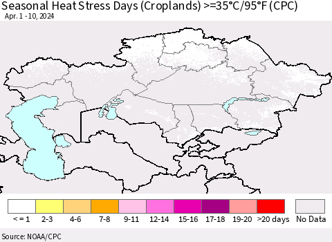 Kazakhstan Seasonal Heat Stress Days (Croplands) >=35°C/95°F (CPC) Thematic Map For 4/1/2024 - 4/10/2024