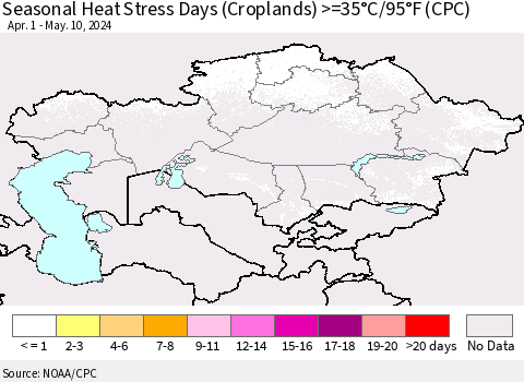 Kazakhstan Seasonal Heat Stress Days (Croplands) >=35°C/95°F (CPC) Thematic Map For 4/1/2024 - 5/10/2024