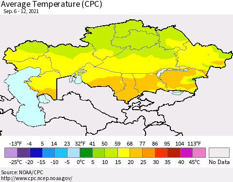 Kazakhstan Average Temperature (CPC) Thematic Map For 9/6/2021 - 9/12/2021
