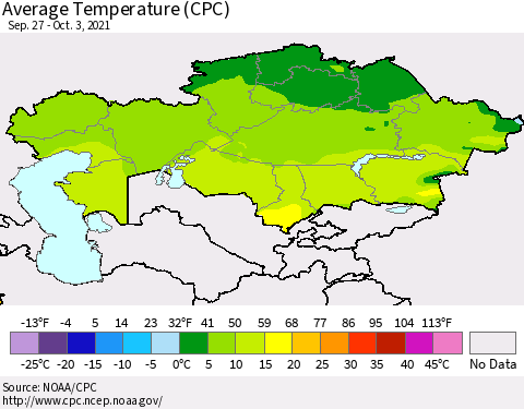 Kazakhstan Average Temperature (CPC) Thematic Map For 9/27/2021 - 10/3/2021