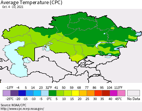 Kazakhstan Average Temperature (CPC) Thematic Map For 10/4/2021 - 10/10/2021