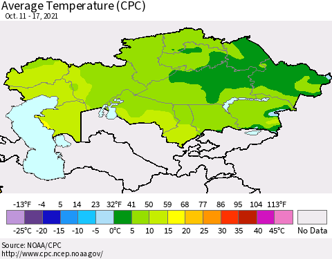 Kazakhstan Average Temperature (CPC) Thematic Map For 10/11/2021 - 10/17/2021