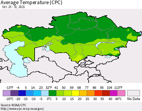 Kazakhstan Average Temperature (CPC) Thematic Map For 10/25/2021 - 10/31/2021