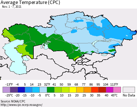 Kazakhstan Average Temperature (CPC) Thematic Map For 11/1/2021 - 11/7/2021