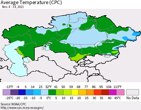 Kazakhstan Average Temperature (CPC) Thematic Map For 11/8/2021 - 11/14/2021