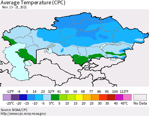 Kazakhstan Average Temperature (CPC) Thematic Map For 11/15/2021 - 11/21/2021