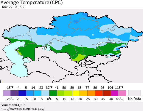 Kazakhstan Average Temperature (CPC) Thematic Map For 11/22/2021 - 11/28/2021
